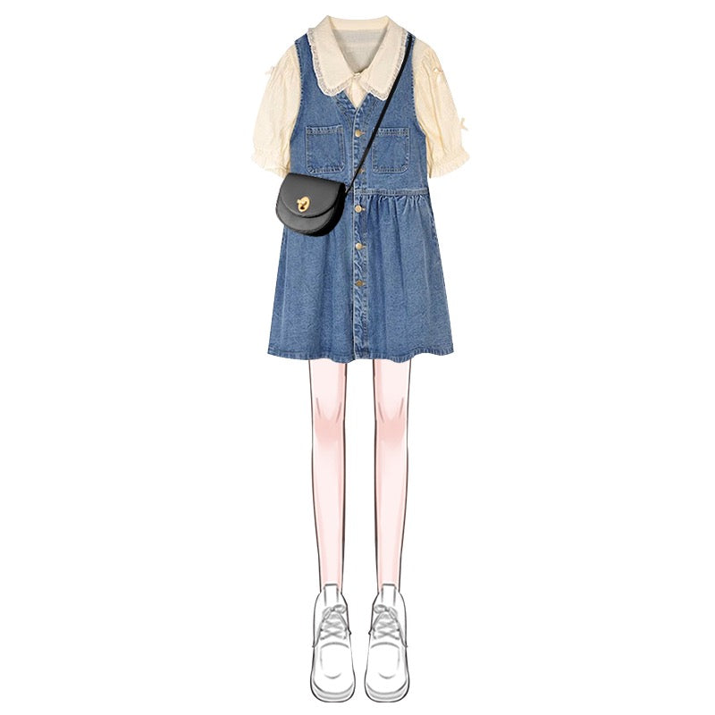Summer super hot short skirt suit 2023 spring new women's milk sweet shirt small denim strap dress