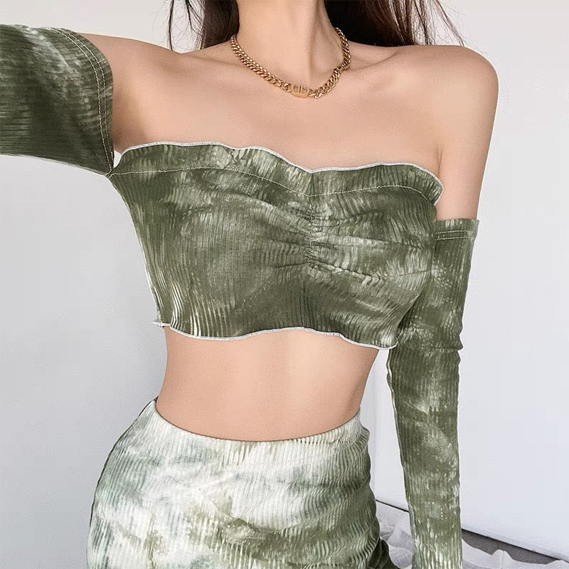 Hot girl style sexy tie-dye printing suit female summer niche trendy design sense package hip skirt cropped top two-piece set 1499