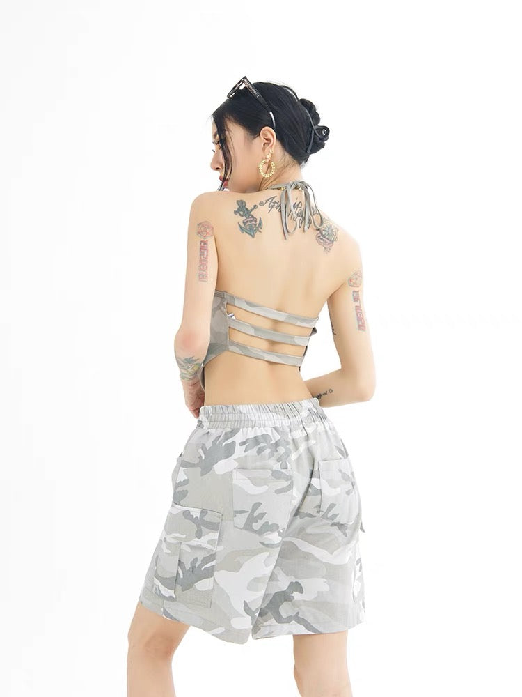Wild zero American retro tooling camouflage shorts women's summer high-waisted thin sports wide-leg casual five-point pants