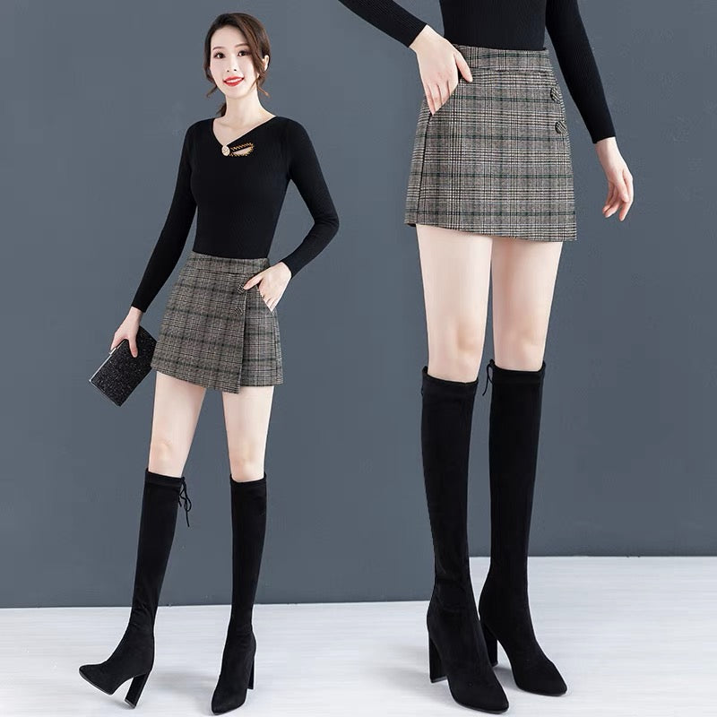 Woolen shorts women's autumn and winter 2021 new high waist loose wide-leg skirt pants A-line outerwear explosive style plaid boot pants