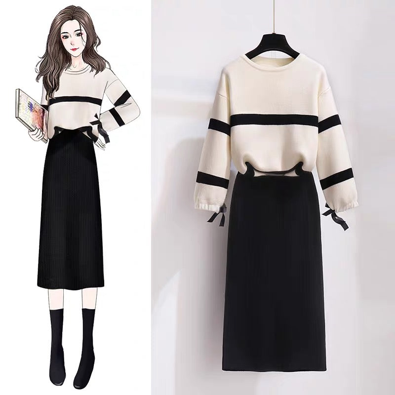 Long-sleeved dress women's autumn 2022 new autumn and winter clothing temperament goddess fan bottoming sweater skirt two-piece set