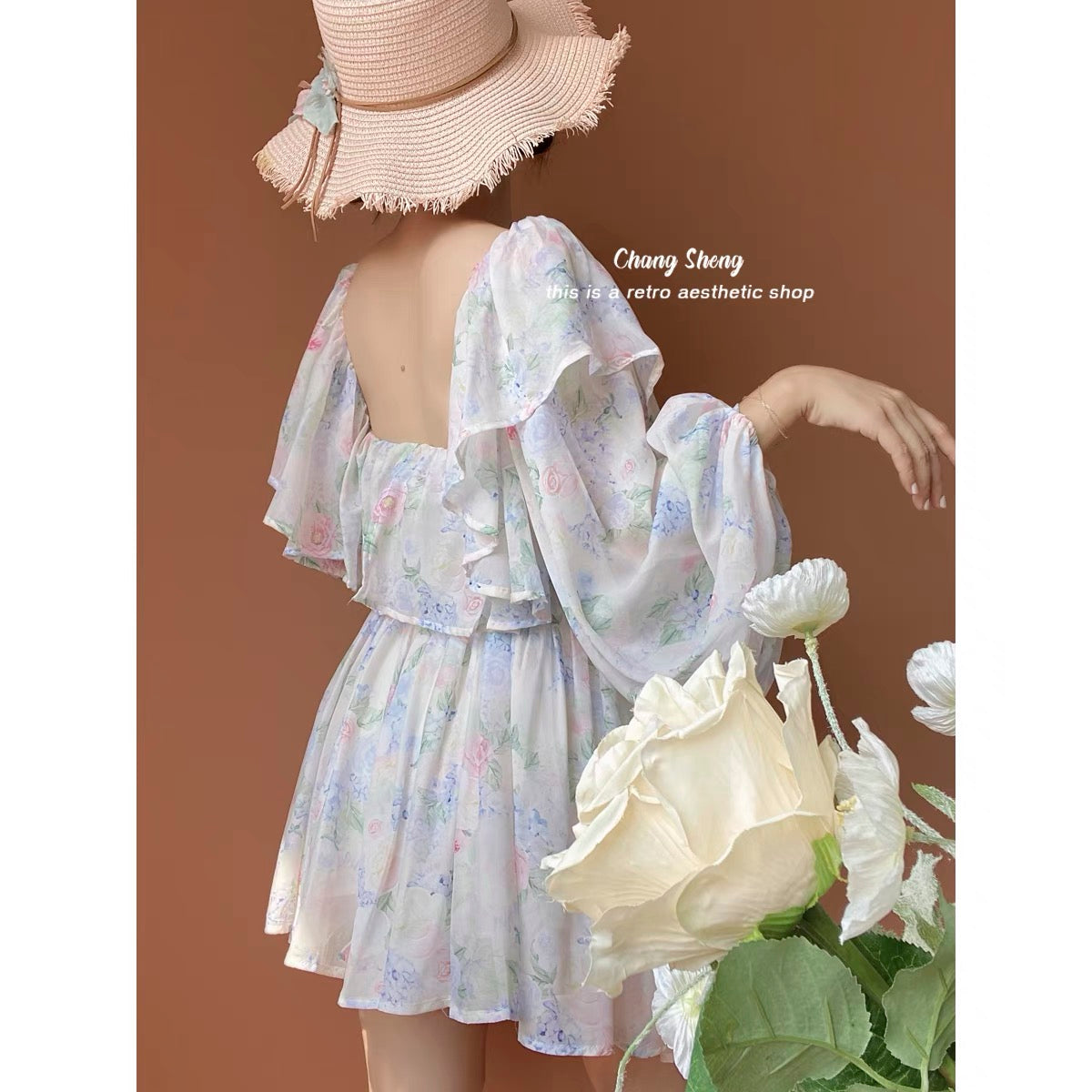 CHANGSHENG meets Paris Oil painting elegant floral lantern sleeves generous collar ruffle dress 1429