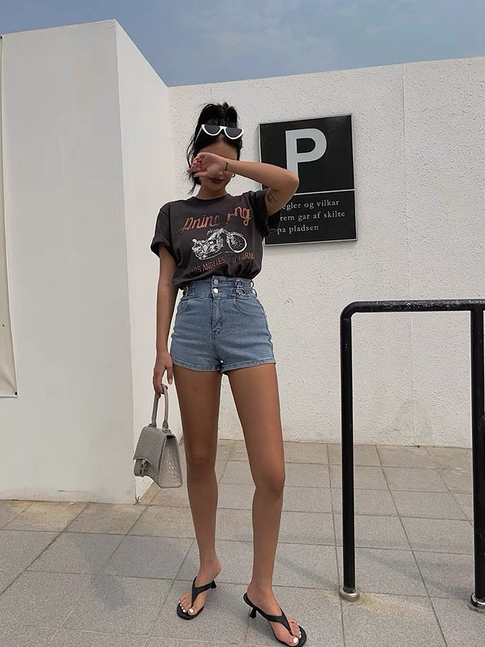 European and American cool girls love to wear retro motorcycle letters printed short-sleeved T-shirt casual street shooting personality top trend