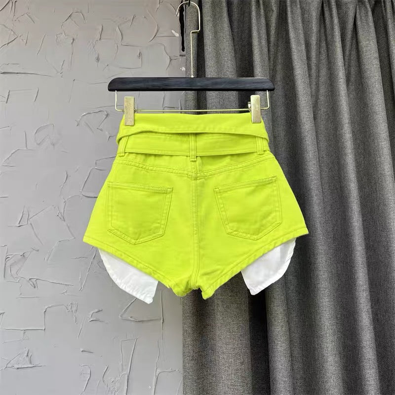 Fashionable western style design sense cuff high waist wide leg A-line shorts fluorescent color hot girl exposed pocket denim hot pants women q125