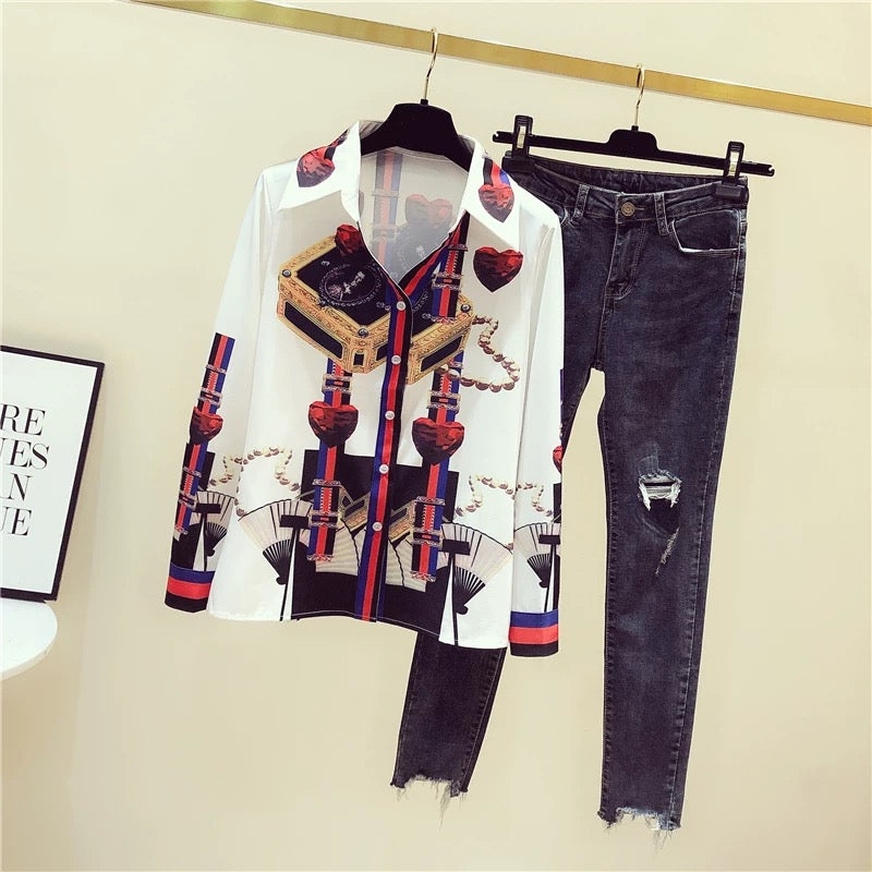 Women's clothing counters withdraw counters tail goods special spring and autumn retro tops light familiar style printed chiffon shirt women