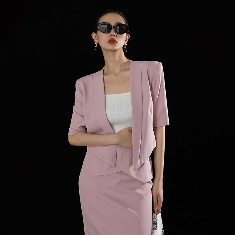 WANGXO pink casual fashion two-piece women's summer suit short-sleeved coat top high waist skirt suit