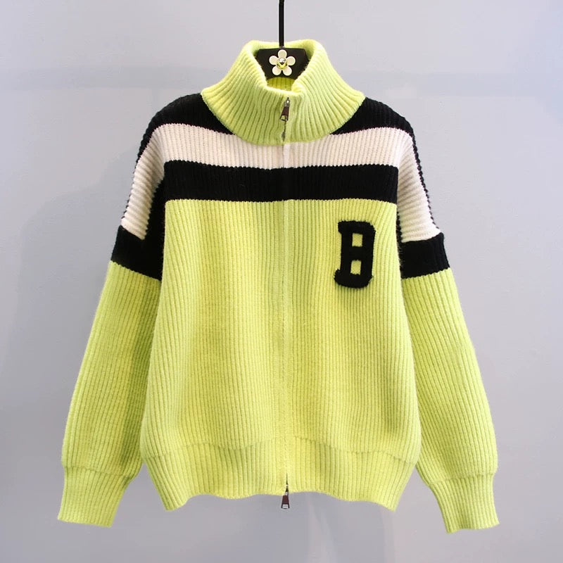 Contrast color striped zipper sweater jacket women's winter 2022 new Japanese style lazy style loose outer wear knitted cardigan