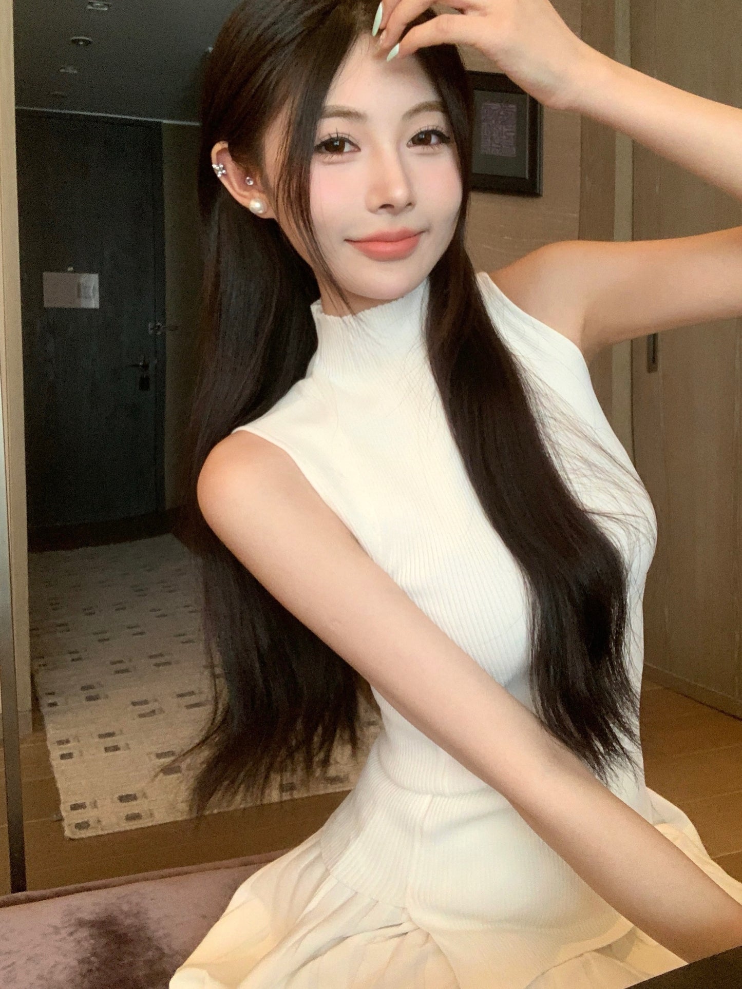 Half turtleneck sleeveless vest knitted sweater women's summer irregular pure desire hot girl temperament tight and thin short top
