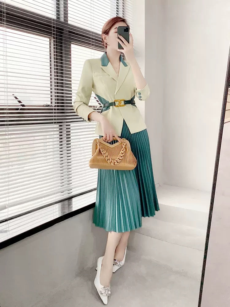 Autumn style indifferent women's clothing high-end green suit suit temperament is thin and meat-covering pleated skirt Korean drama two-piece suit 1830