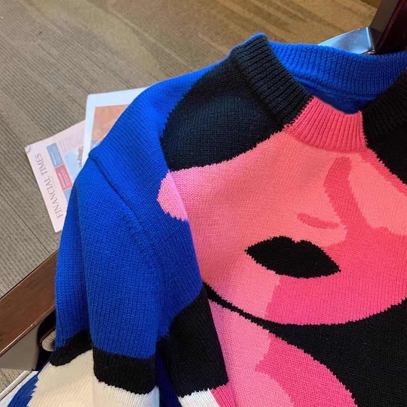 Cartoon print contrast color sweater women's design sense niche spring 2022 new round neck loose lazy wind knitted sweater