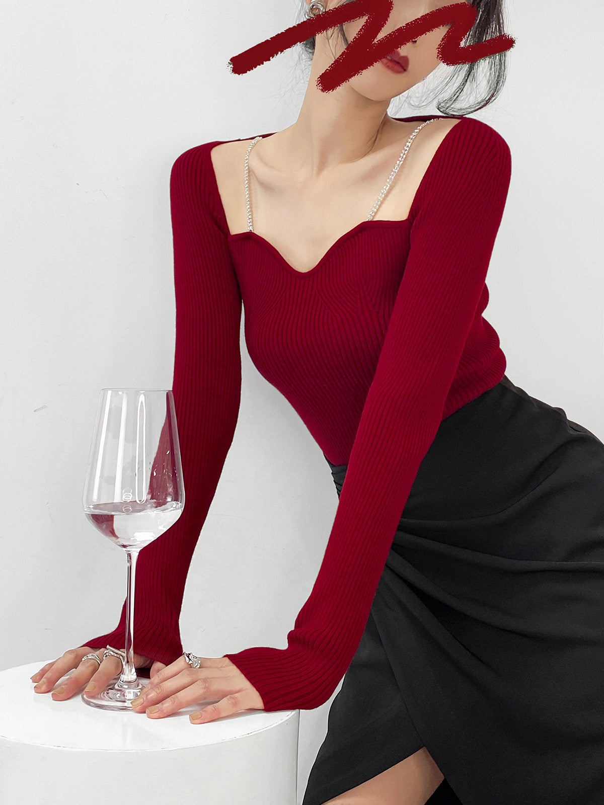 DOUBLE Z Hong Kong style top women's autumn rhinestone chain sling red sweater sexy collarbone bottoming sweater
