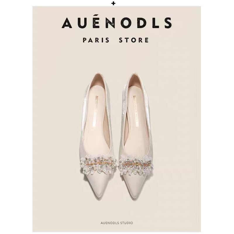 AUENODLS beige color word pearl pointed toe flat shoes high-end French thick heel wedding shoes main wedding dress girl