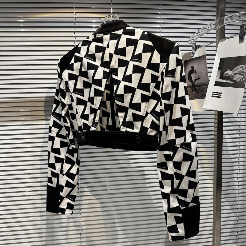 Net red same style 2023 spring new fried street hot girl black and white checkered shoulder pads and leather stand collar jacket short coat top