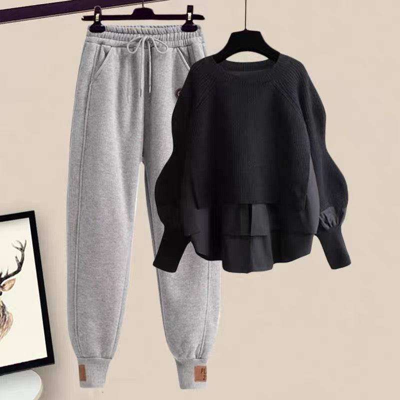Small Autumn Fat Sister Autumn Sweater Pants Sweater Pants Autumn and Winter Suit Female Net Red Temperament Matching Two-piece Set