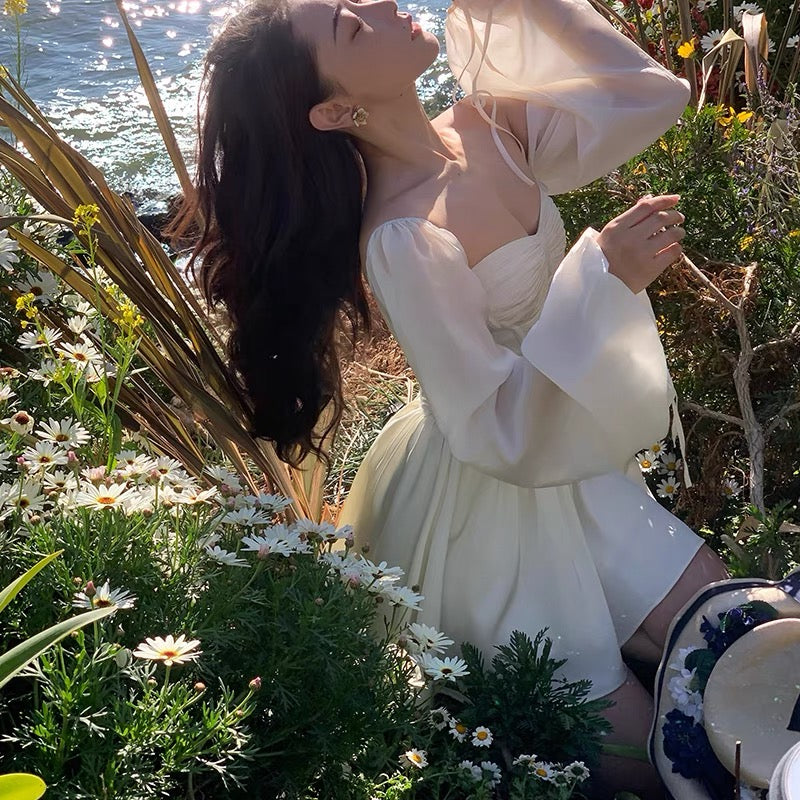 Xiaolizhi I love white long puff sleeve dress spring and summer new niche design pure desire princess skirt girl