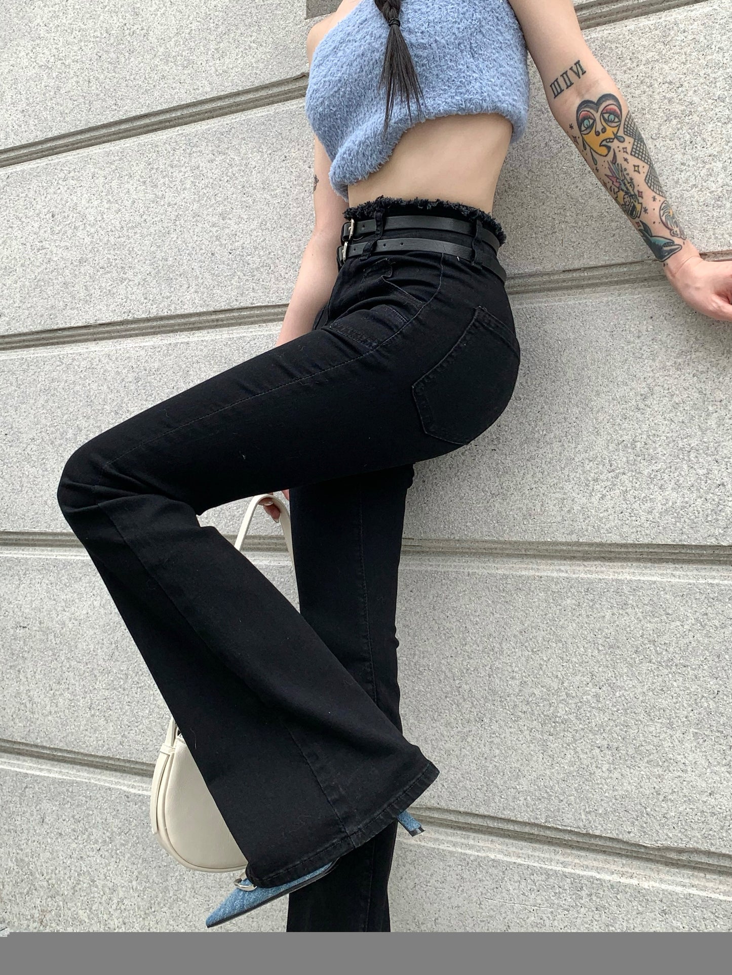 Spice Girl Elastic High Waist Jeans Women's Spring Versatile Raw Edge Double Belt Mopping Trousers Slim Fit Micro Flare Pants