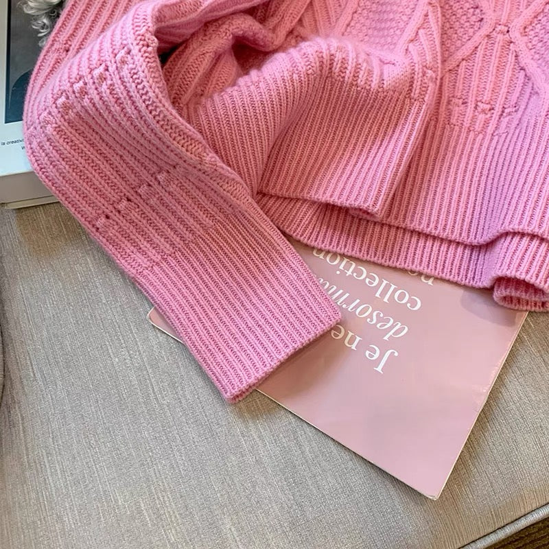 Pink rhombus sweater women's design sense niche 2022 spring new round neck loose sweet and gentle wind knitted sweater