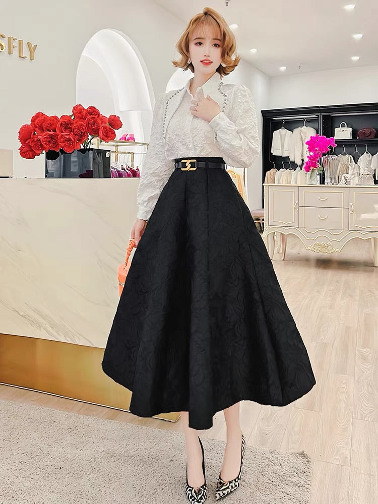 Feijie customized fashion high waist jacquard skirt 2022 autumn new women's slim and tall A-line skirt