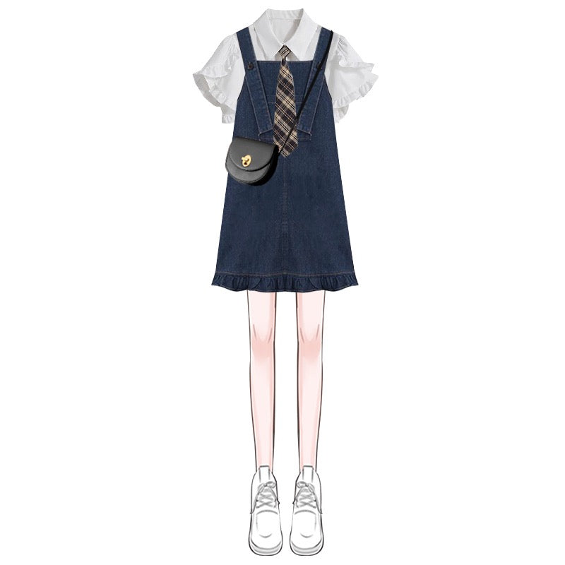 Sweet high-end denim dress 2023 spring and summer new women's clothing college style shirt short skirt suspenders suit