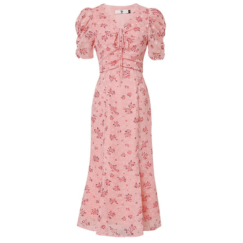 2023 new summer women's temperament French tea break skirt long skirt waist slimming printed chiffon dress