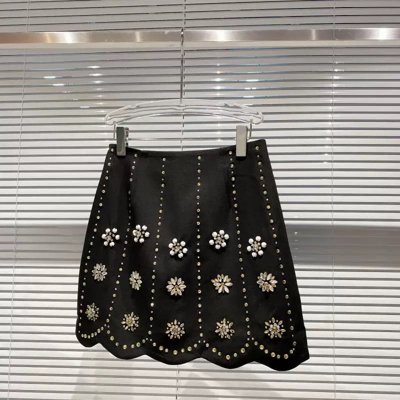 Net red with the same paragraph 2022 autumn new handmade three-dimensional rhinestone flower bead gradient A-line skirt skirt