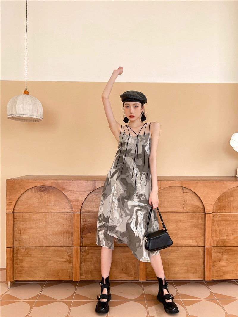 ANNX2023 original suede multi-strap cut neckline suspender dress