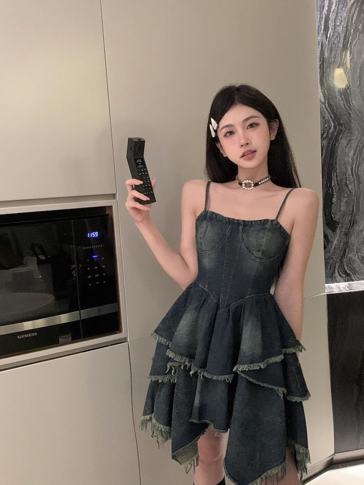 Kumikumi French retro denim strap dress tube top skirt female summer A-line cake skirt waist skirt