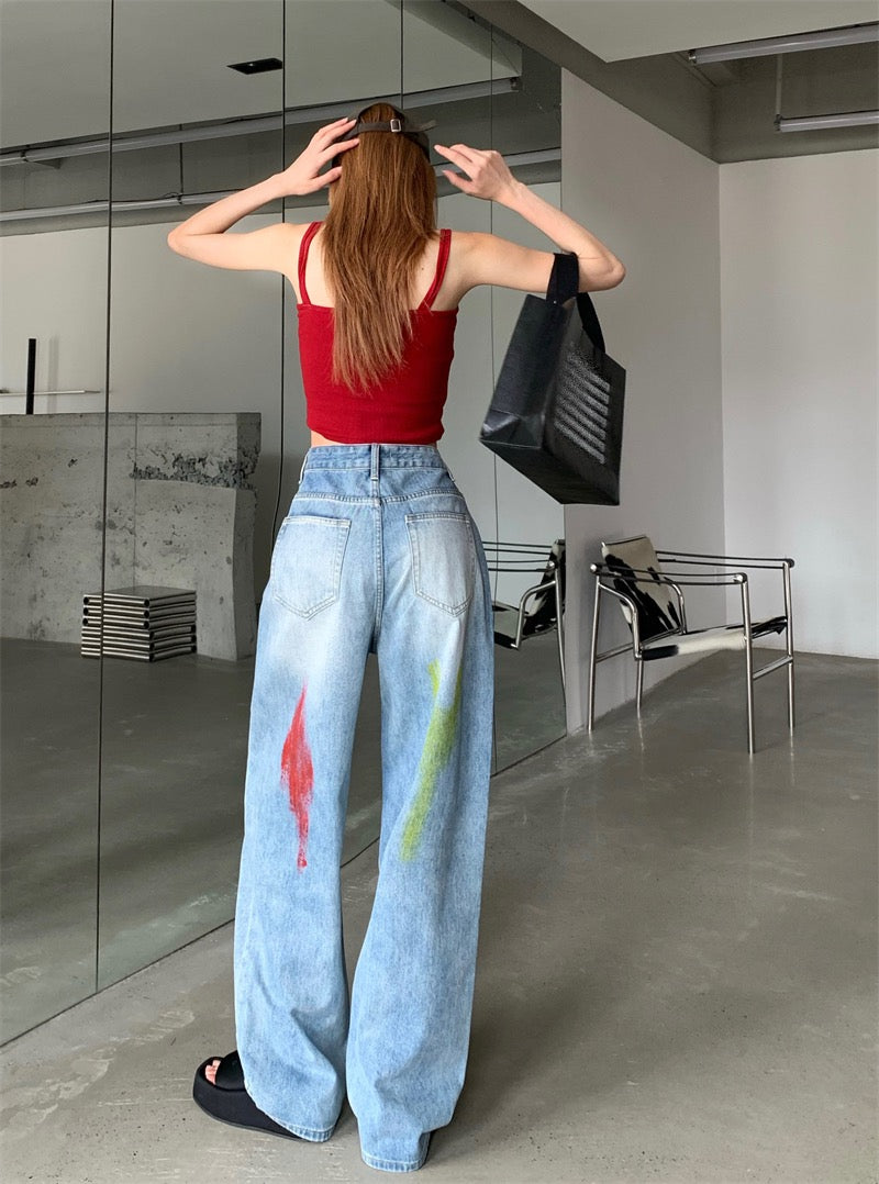 Light-colored ripped straight jeans women's spring ins tide high waist loose design sense wide niche leg pants trousers