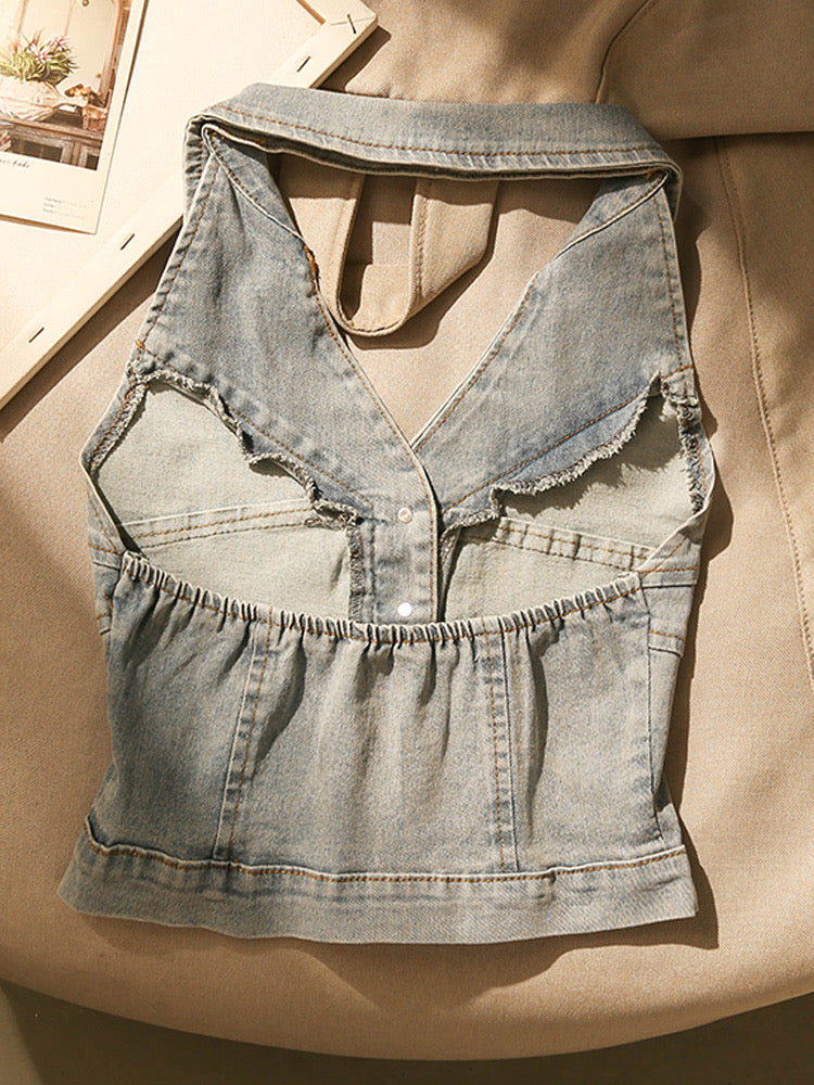 Unique chic denim halter neck camisole women's summer outerwear sexy slim back sleeveless sweet spicy top