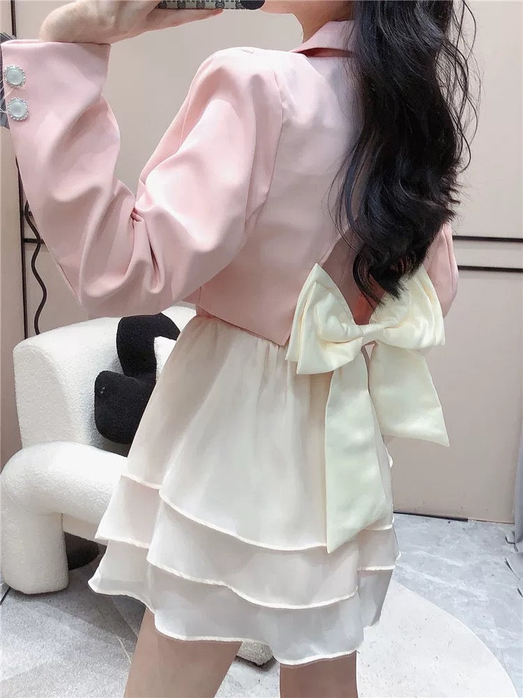 Sweet Little Fragrance Suit Women's Autumn Short Small Suit Jacket + Diamond High Waist A-Line Dress Two-piece Set