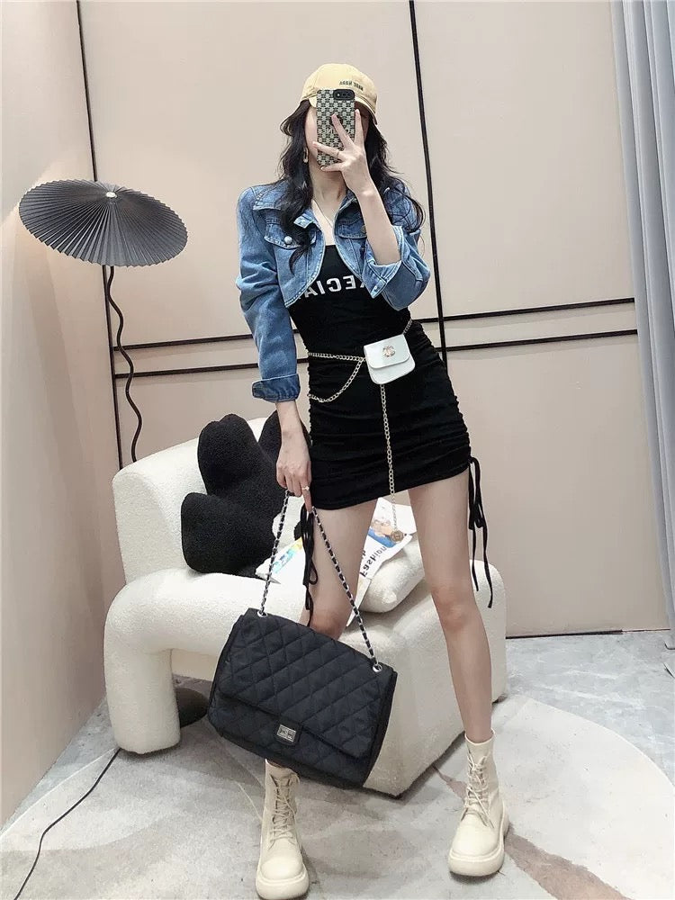 Hot girl fried street suit skirt female autumn Hong Kong style short jacket denim shirt + letter folds thin bottoming dress