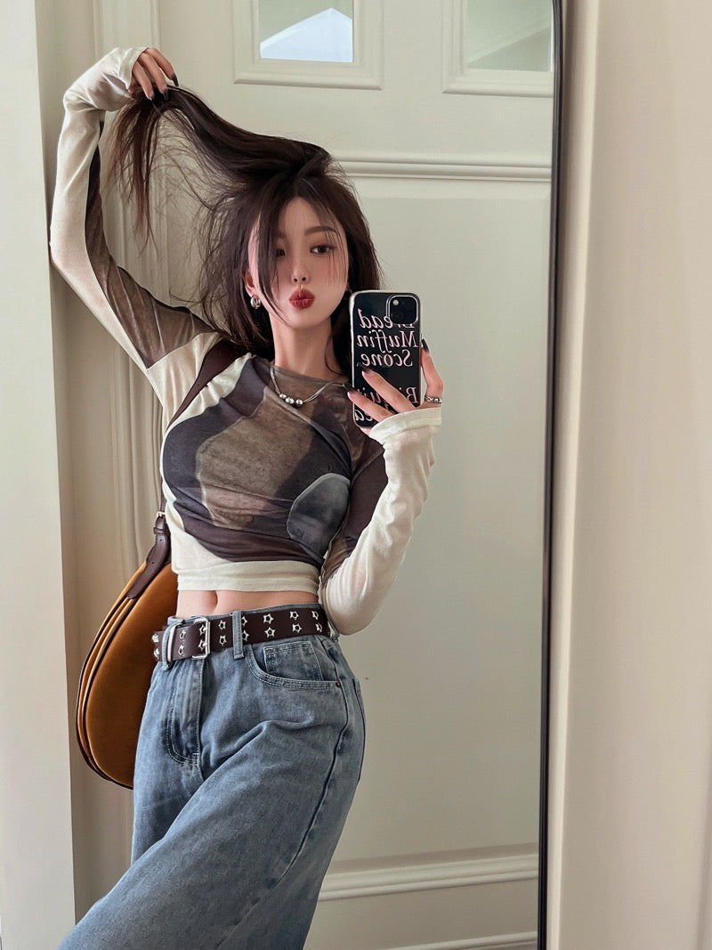 American retro printed front shoulder T-shirt women's spring new long-sleeved slim fit bottoming shirt with tight top