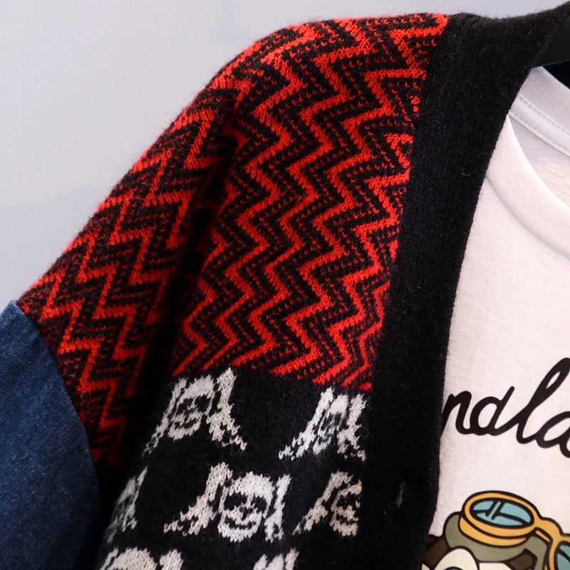 Denim stitching sweater jacket women's autumn and winter 2022 new Korean version loose and lazy wind retro contrast color knitted cardigan