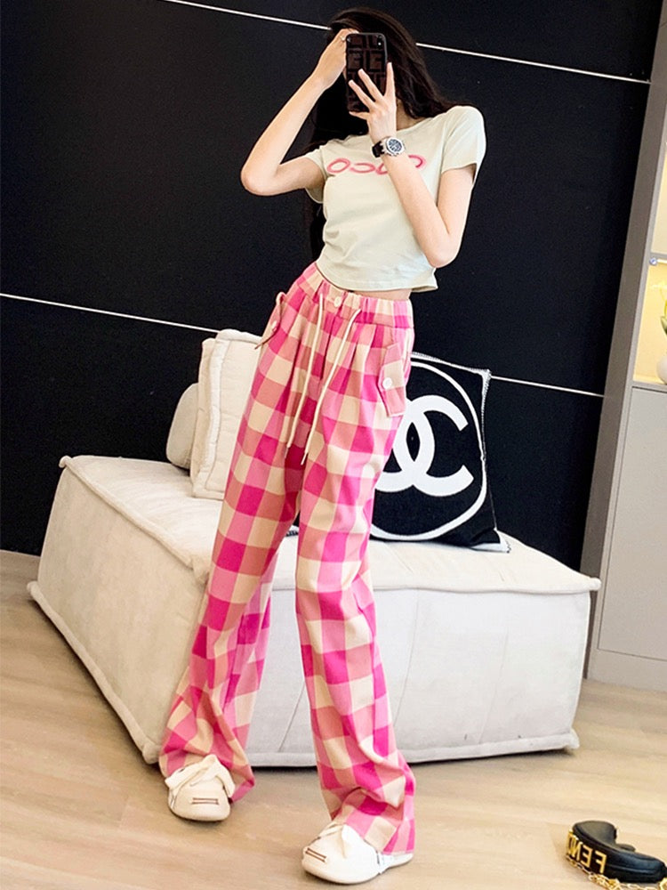 Internet celebrity fried street casual sports suit women's summer dress fashion short top design plaid wide-leg pants two-piece set