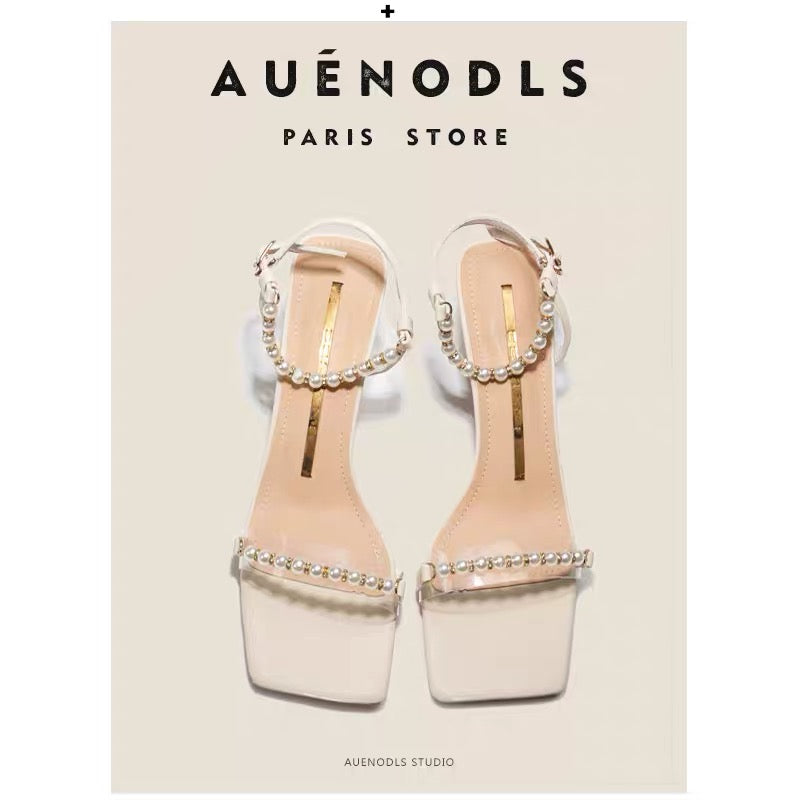 AUENODLS nude white word with pearl Roman sandals women's outer wear French open toe stiletto high heels summer