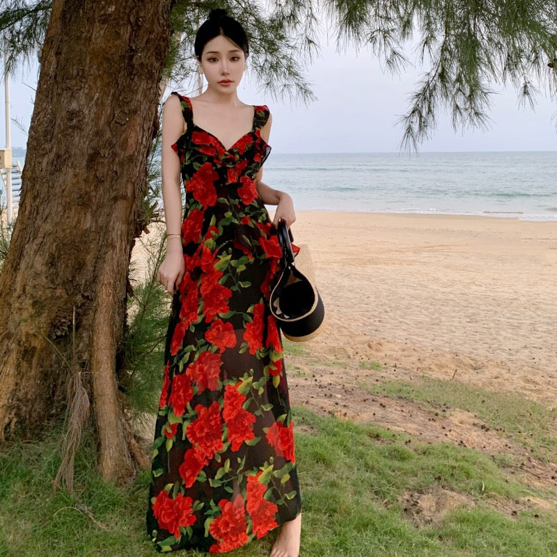 Seaside vacation retro high-end sense rose print backless suspender dress temperament slim beach dress super fairy