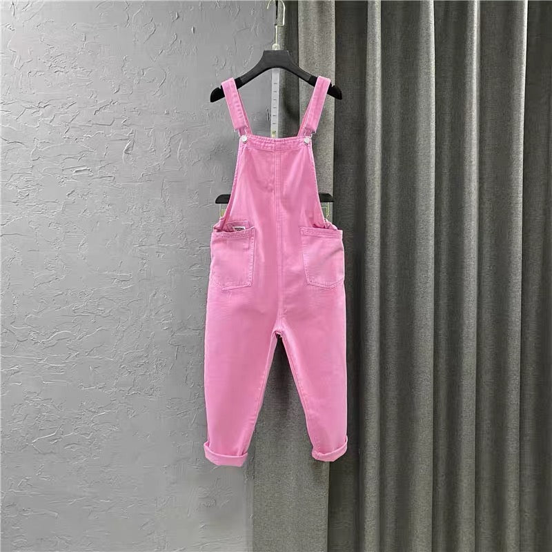 Pink denim overalls women's nine-point pants 2022 new autumn loose loose age-reducing casual wide-leg one-piece harem pants W139
