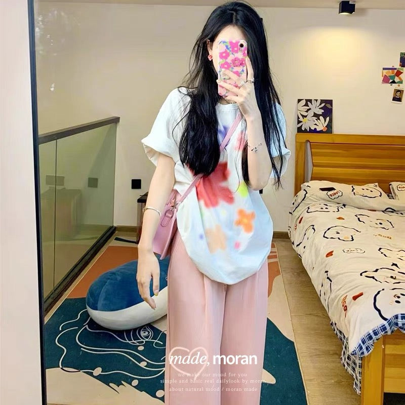 Sweet and cool wind and salt wear loose casual short-sleeved T-shirt pink wide-leg pants small fresh college style two-piece suit