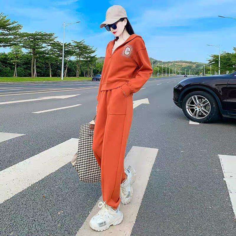Blue hooded sweater women's spring and autumn top 2022 new trendy brand chic Hong Kong style jacket wide-leg pants sports suit 1667