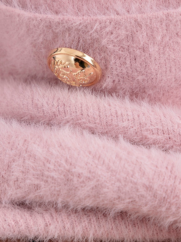 RMOJUL celebrity Xiaoxiang style imitation mink fur V-neck knitted cardigan jacket + A-line skirt fashion suit Luojia