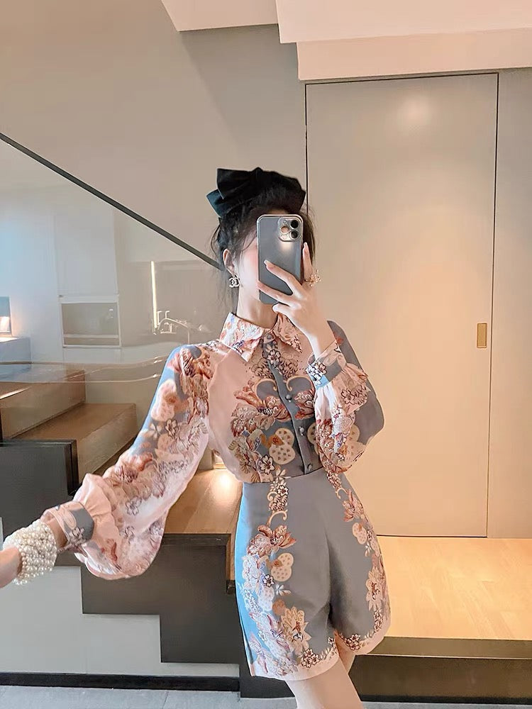 BETTER LS early autumn women's suit light familiar style lantern sleeve printed shirt wide-leg shorts European two-piece set D111