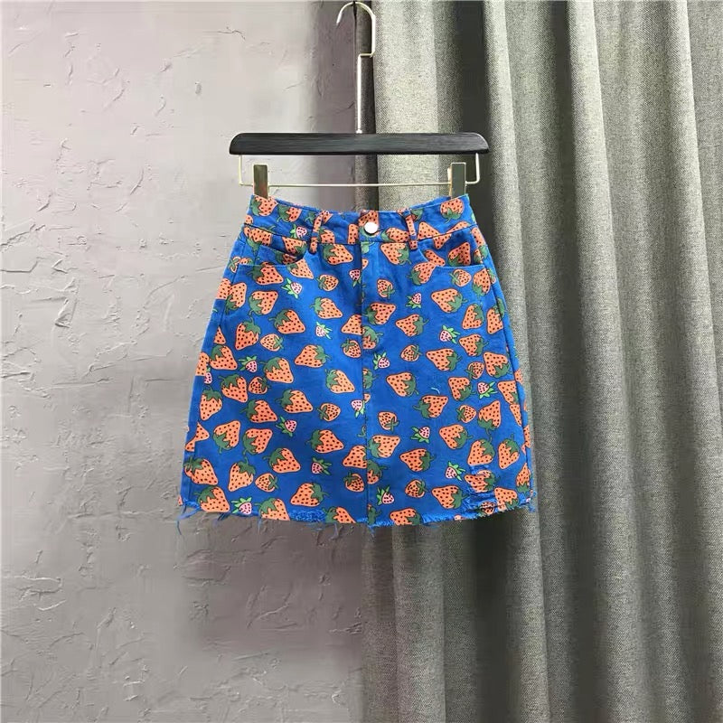 Denim Short Skirt Strawberry Print Skirt 2022 Autumn New Thin High Waist Ins Super Fire Hip A-line Skirt q119