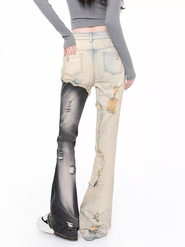 WooHa/Wuha jeans women's 2022 autumn new high waist ripped hole raw edge stitching straight micro flared trousers 1661