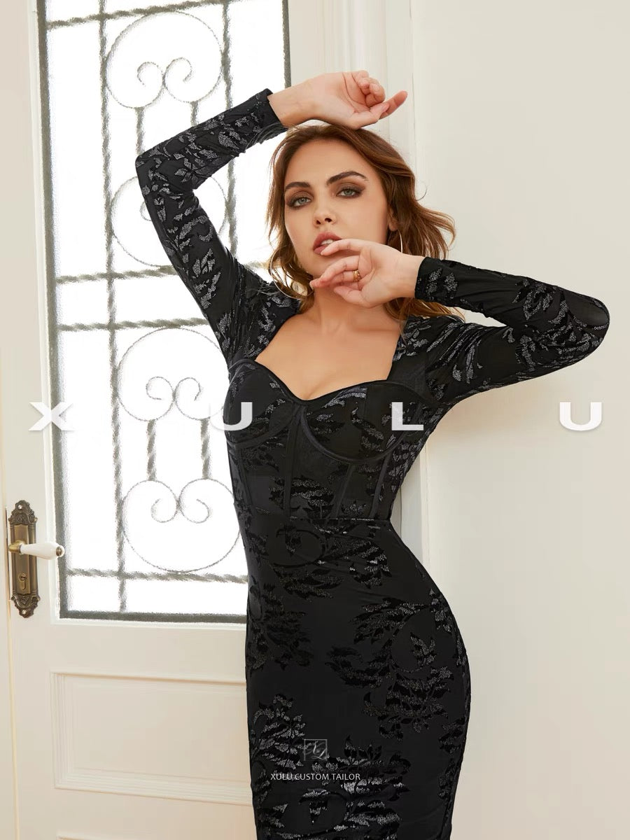 XULU original early autumn new velvet burnt-out bag hip skirt commuting sexy high waist slim long-sleeved square neck dress 1191