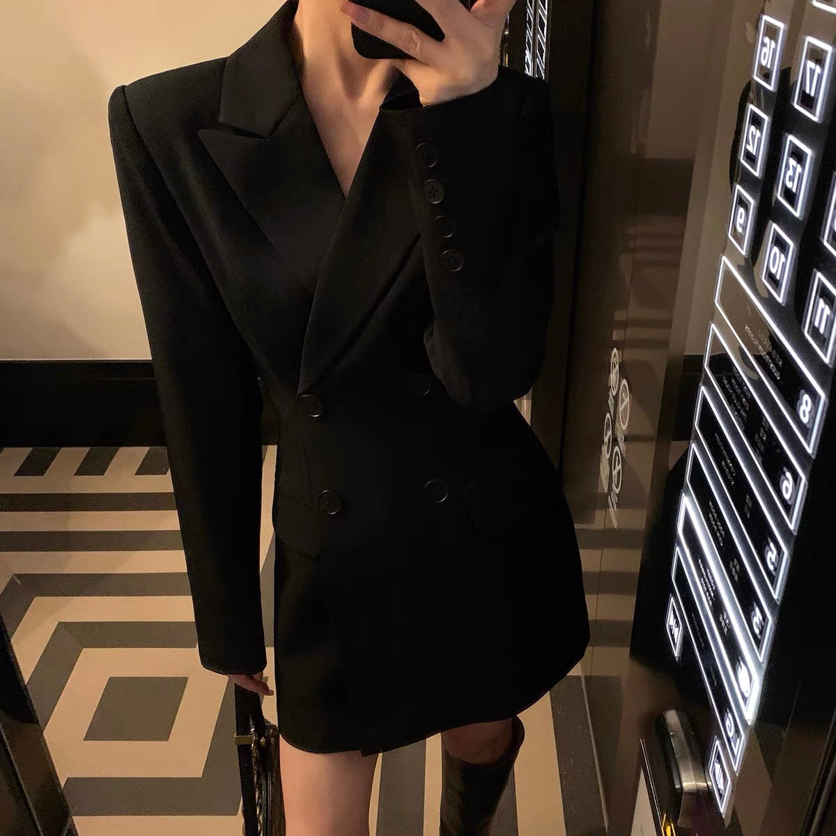 Luhe clothing double-breasted long-sleeved suit short skirt high-end black temperament professional formal dress female autumn 1249