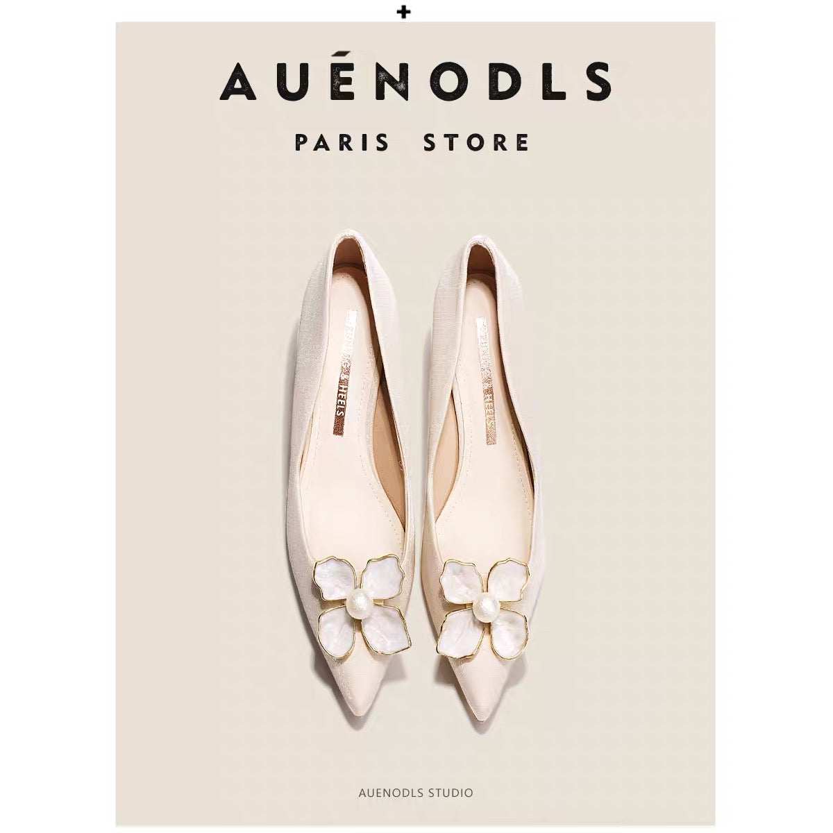 AUENODLS French nude white flower pearl pointed high-heeled single shoe class Xiuhe master wedding bridesmaid wedding shoes women rt flat wedding shoes main wedding dress girl