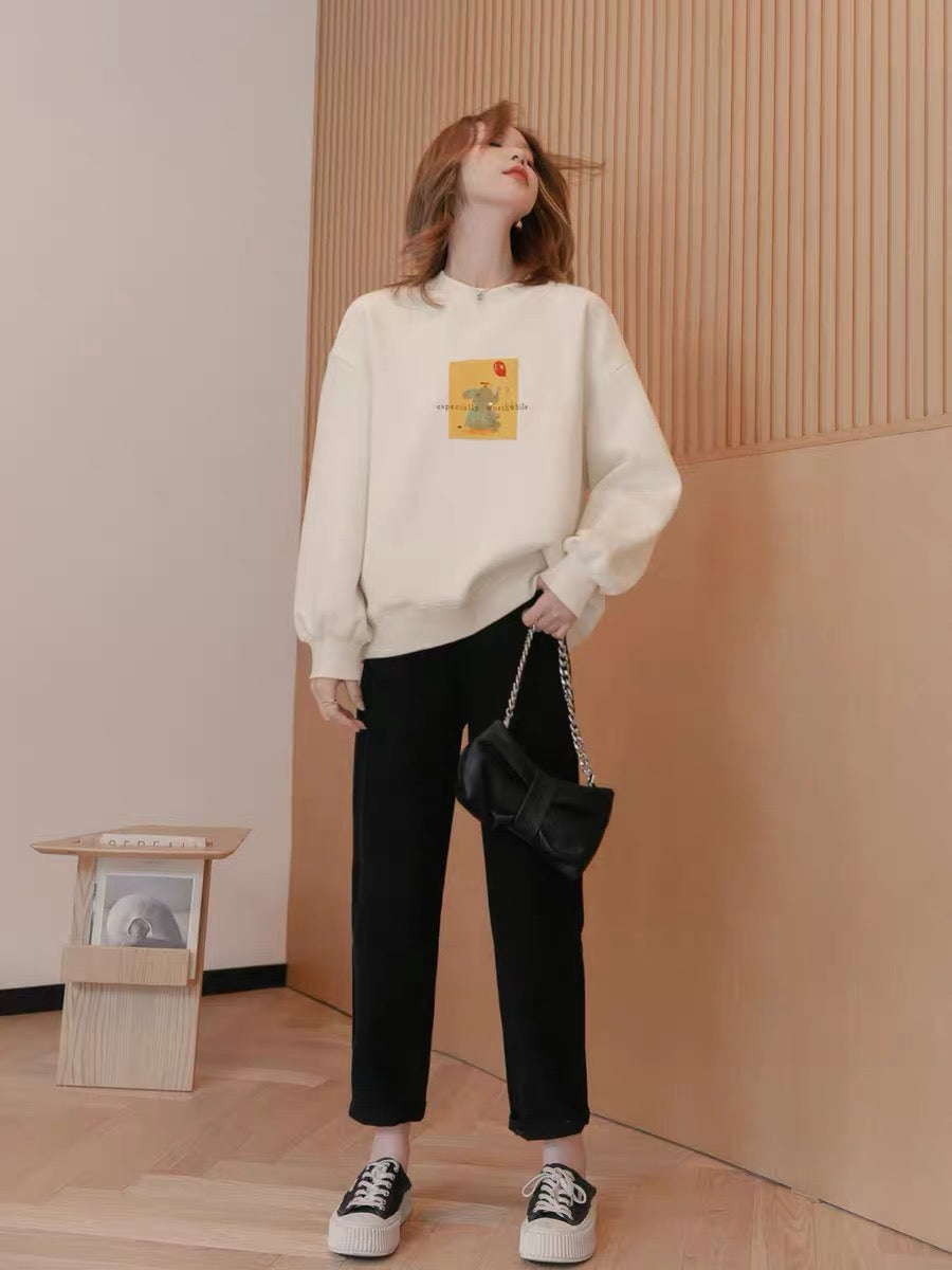 Small grain print fleece sweater women's autumn 2022 new small loose round neck pullover long-sleeved knitted top