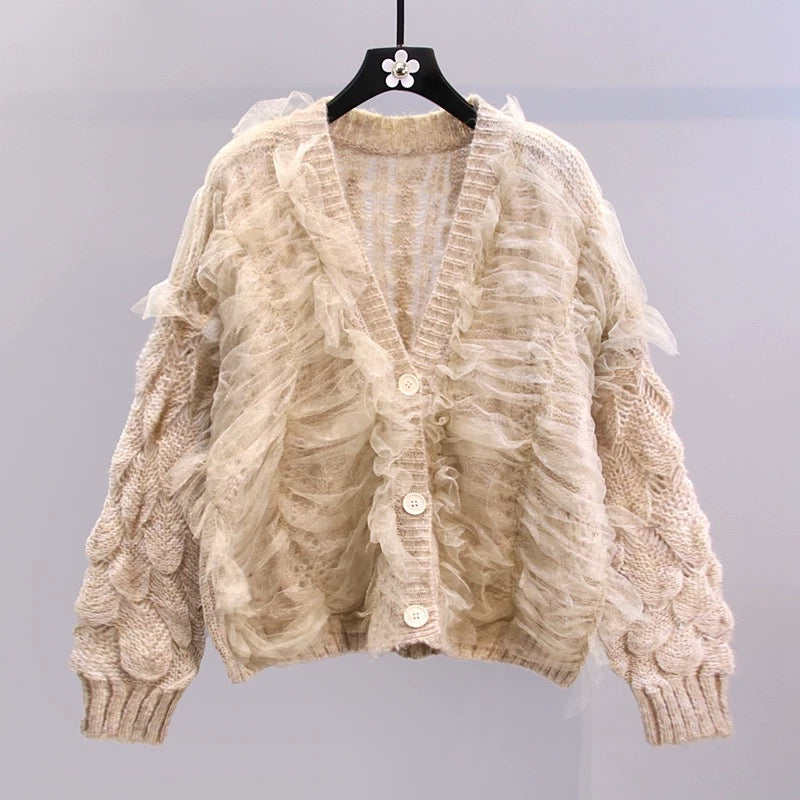 Small fresh mesh design sweater coat women's early autumn 2022 new Korean version loose and western style knitted cardigan