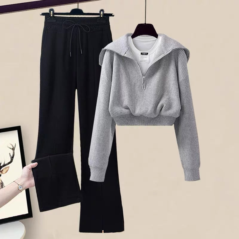 Autumn fat girls wear wide-leg pants casual sweater sweater suit 2022 new women's pants two-piece set