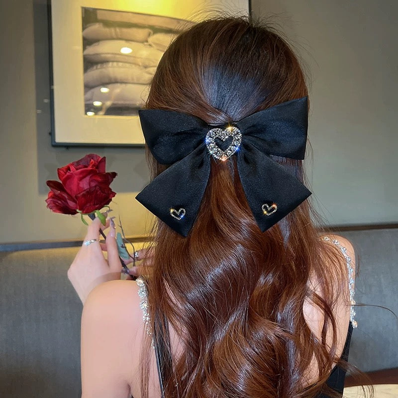 Black bow headwear flash diamond love back head hairpin female fashion temperament net red 2022 new spring clip